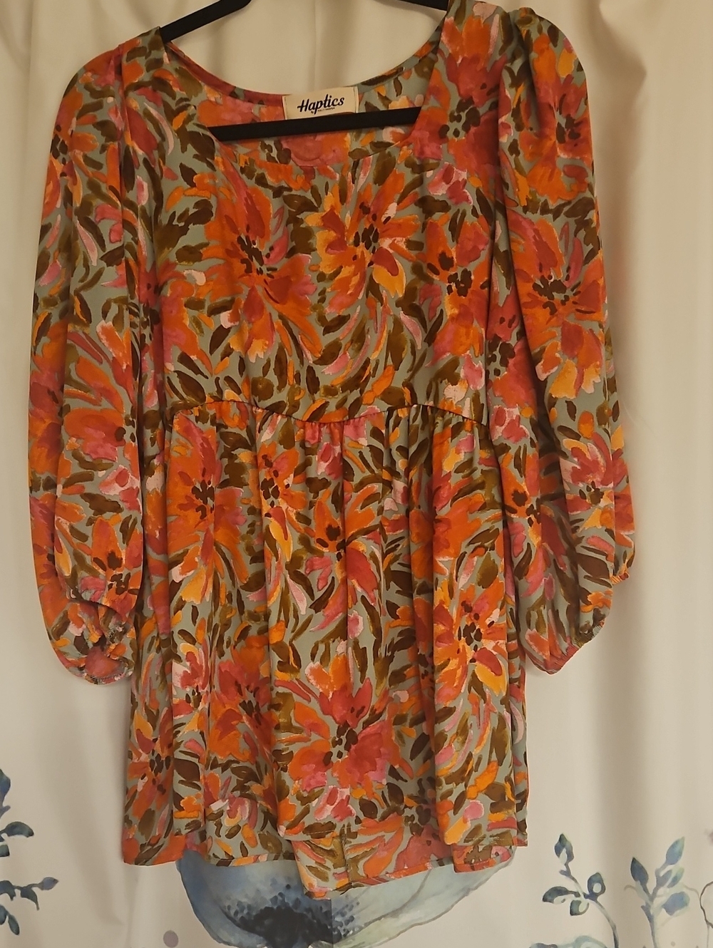 Haptics Orange Floral Long-Sleeve Babydoll Dress